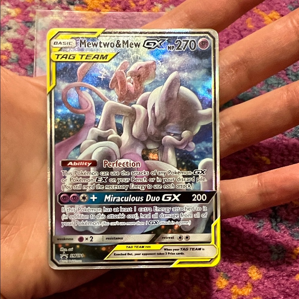 Pokemon Mewtwo & Mew GX Holographic Tag Team Card - Purple, Pink, Yellow